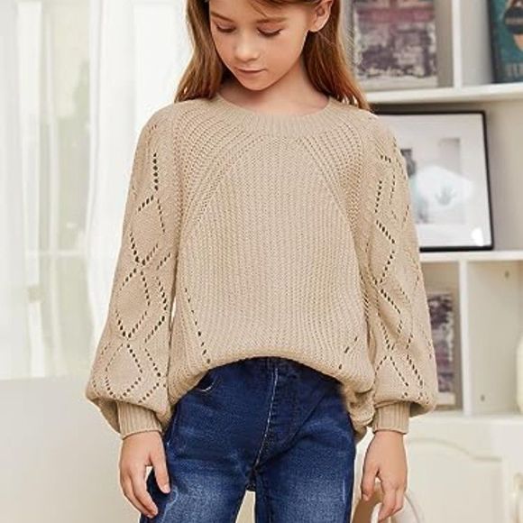 Girls Crochet Long Sleeve Crewneck Pullover Sweaters Kids Fall Winter Knit Jumpe - Picture 2 of 4